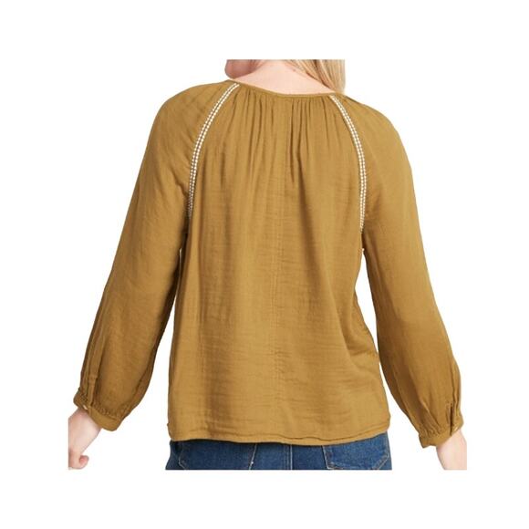 Old Navy Blouse Women L Golden Brown Relaxed Embroidered Stitch Boho Cottage Top - Picture 5 of 14